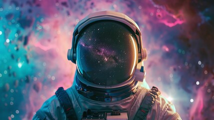 front view astronaut potrait astronaut in space suit with galaxy and nebula reflection in helmet glass deep space exploration