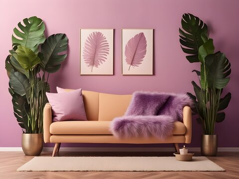 modern living room with pink color sofa: pink and purple colors theme with Mons tera indoor plant decorations. cozy and comfortable living