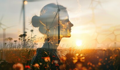 Harmony of nature and humanity: beautiful silhouette of a woman merging with vibrant natural elements under golden sunlight - obrazy, fototapety, plakaty