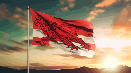 Flag of Wales at cloudy sky background on sunset