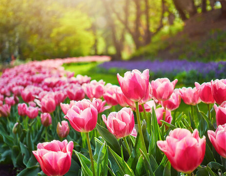 blooming pink tulips in the park on a sunny day