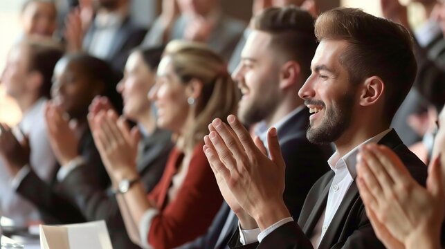 group of people applauding together in business meeting for achievement