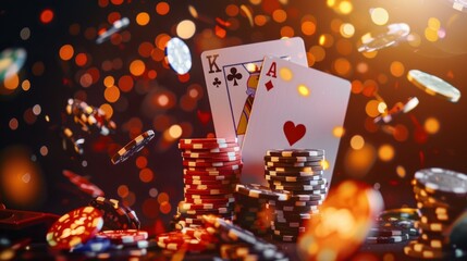 Poker chips and cards on bokeh background, casino concept