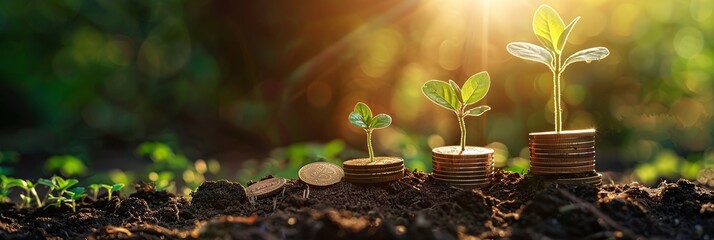 finance and investment concept with plant growth on coins representing financial success and prosperity - obrazy, fototapety, plakaty