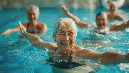 Fototapeta premium Poolside Radiance: Happy Senior Women's Swim 