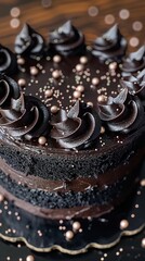 fantastic, deep brown all dark chocolate cake sprinkled with tiny sugar pearls