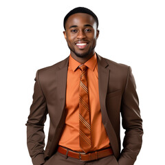 front view mid body shot of a handsome African man dressed in a dark brown suit with a burnt orange silk tie and a brown leather belt,  isolated on a white transparent background  - obrazy, fototapety, plakaty