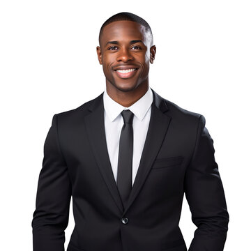  front view mid body shot of a handsome African man dressed in a classic black suit with a crisp white dress shirt and a black silk tie, isolated on a white transparent background 