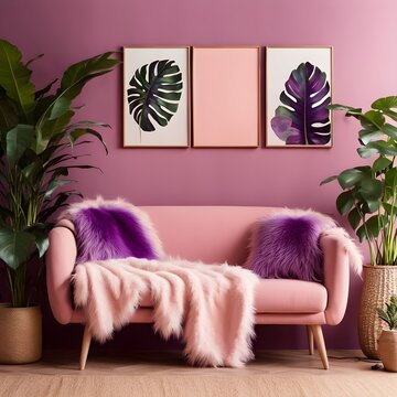 modern living room with pink color sofa: pink and purple colors theme with Mons tera indoor plant decorations. cozy and comfortable living