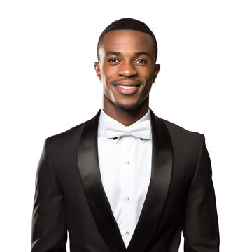 front view mid body shot of a handsome African man dressed in a classic black tuxedo with a white dress shirt and a black satin bowtie, isolated on a white transparent background 