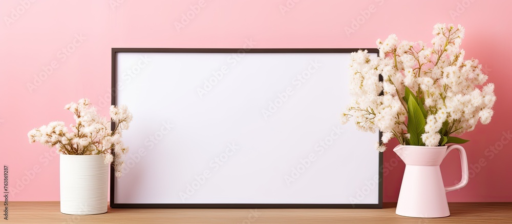 Poster a setup of a table displaying a picture frame with colorful flowers and a decorative vase arranged n