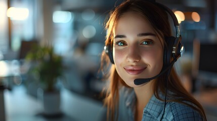 Illustration of call center worker wearing over-ear headphones for company business help desk and telephone assistance concept. Smiling while talking People talking on the phone will feel friendly.