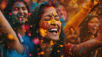 hindu community gathers for joyous holi celebration with vibrant colors - obrazy, fototapety, plakaty