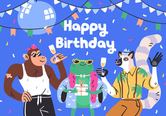 Happy birthday postcard. Funny wild animals at celebration party, card design. Funky fashion wild characters celebrating holiday night with champagne, wineglasses, confetti. Flat vector illustration. - 763869612