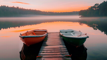 Serene Lake Dawn with Boats on Misty Water Reflection