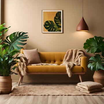 modern living room with sofa: earth colors theme with Mons tera indoor plant decorations. 