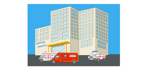 Hopital sur fond de ciel bleu avec ambulances en premier plan