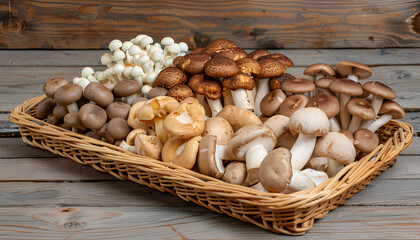 Wicker tray with variety of raw mushrooms on wooden table