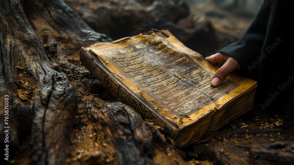 Poster a well-worn ancient book with script is poised open on a rustic wooden surface, touched by a human h