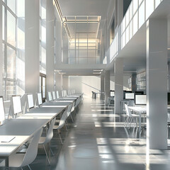 Interior open empty office, workplace with big windows. White office for work on computer. Modern work space, no people