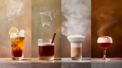 Assortment of coffee cocktails on a textured background. Coffee culture and creative beverages concept for menu design and branding. - obrazy, fototapety, plakaty