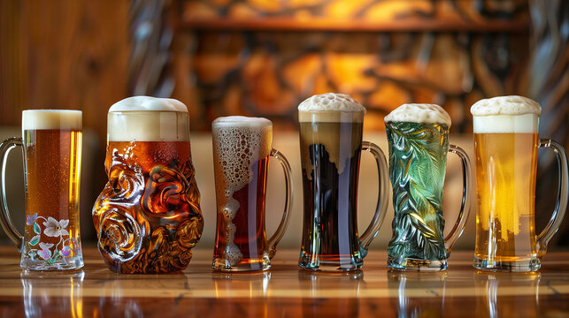Assortment of colorful beers in decorative glasses on bar counter. Variety and tasting concept for craft beer enthusiasts. Design for brewery advertising, event posters, and beverage menus