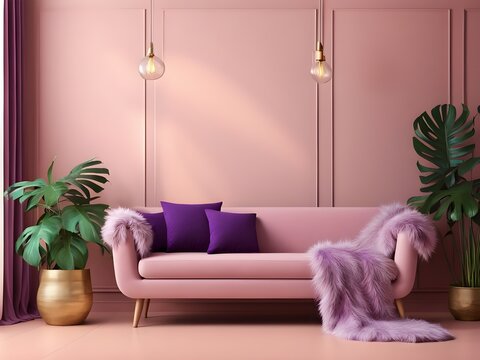 modern living room with pink color sofa: pink and purple colors theme with Mons tera indoor plant decorations. cozy and comfortable living