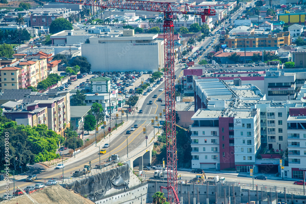 Sticker Los Angeles, CA - July 27, 2017: Aerial view of Downtown Los Angeles on a sunny day