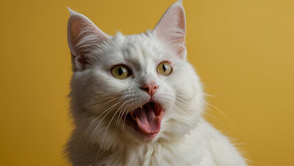Studio portrait of a white and black cat sticking tongue out and sitting against a yellow background.