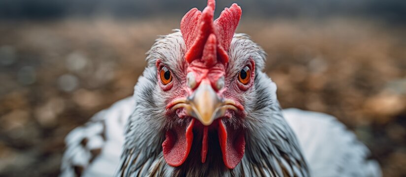 A closeup image of a Chicken Galliformes with a red Comb, staring at the camera. The beautiful bird showcases its bright Feather colors and Beak structure