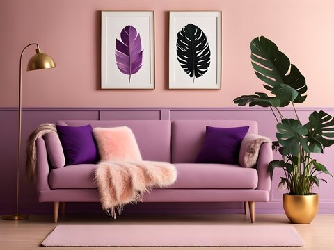 modern living room with pink color sofa: pink and purple colors theme with Mons tera indoor plant decorations. cozy and comfortable living