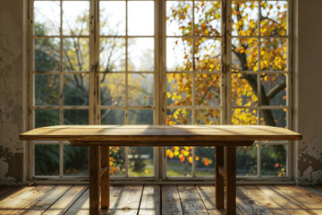 Wooden table in front of a window with autumn leaves background. High quality photo