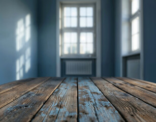 Wooden table leading to a window in a blue room with blurred background. High quality photo