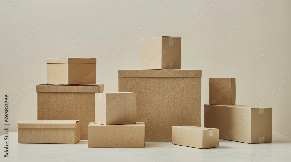 Poster stack of various sized cardboard boxes arranged on a plain background, suggesting moving, storage or