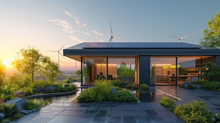 Smart Home Design With Solar Panel Roof System For Renewable Energy Concept 3D Render - obrazy, fototapety, plakaty