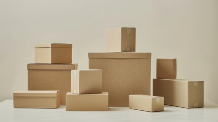 Stack of various sized cardboard boxes arranged on a plain background, suggesting moving, storage or shipping concepts.