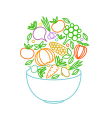 Dish with vegetables. Logo template for a health food store or vegetarian cafe. Healthy lifestyle. Vector illustration