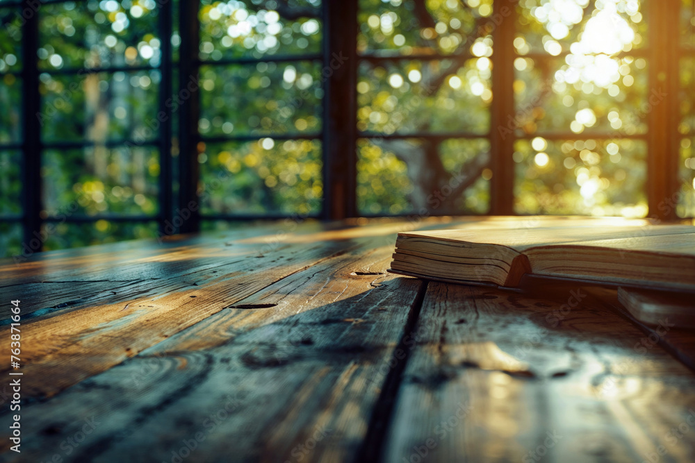 Poster Open book on rustic wooden table with garden view through window sunlight background. High quality photo