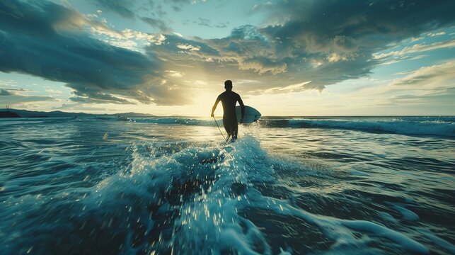 man surfer run in ocean with surfboard active vacation health lifestyle and sport concept image