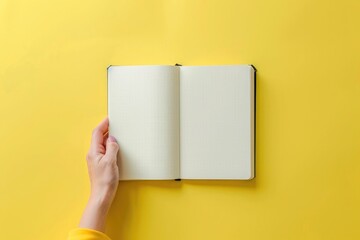Close-up of hands holding an open, blank notebook against background - obrazy, fototapety, plakaty
