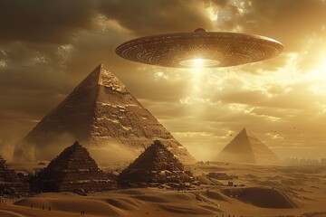 alien pyramid hyeroglyphs Spaceship UFO over pyramids. Aliens and egyptians - obrazy, fototapety, plakaty