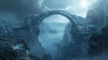 Cercles muraux Bleu Jeans A mystical landscape featuring an ancient arched stone bridge connecting two rugged cliffs, surrounded by misty forests under a serene moonlit sky.