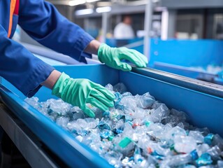 Close-up of employee's hands sorting and recycling waste on conveyor belt