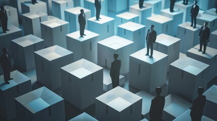 businesspeople standing in 3d boxes background