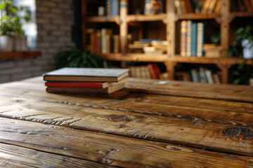Vintage wooden table with books in a cozy reading nook. High quality photo