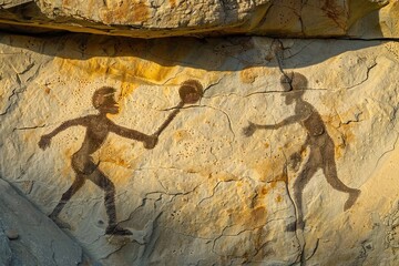 a petroglyph of neanderthal cavemen playing baseball