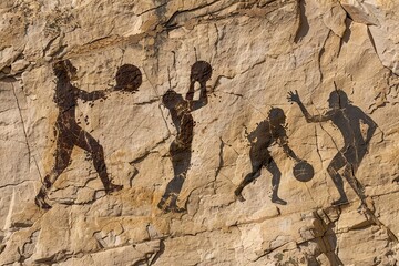 a petroglyph of neanderthal cavemen playing basketball