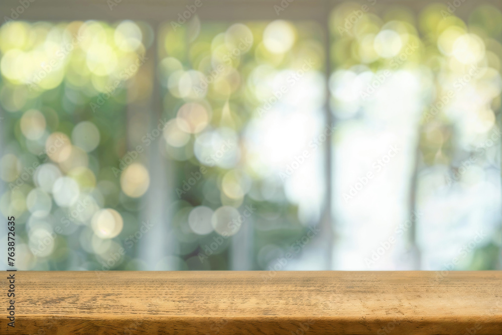 Aufkleber wooden table with bokeh lights and window background. interior design template with copy space. high
