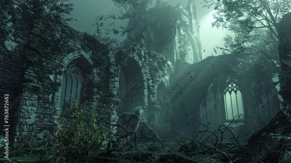 Poster mysterious ancient ruins overgrown with vegetation in a forest, the remains of gothic architecture p