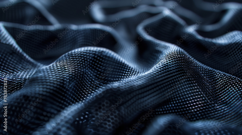 Poster close-up of a textured fabric with a wavy pattern in shades of blue and black, emphasizing the intri